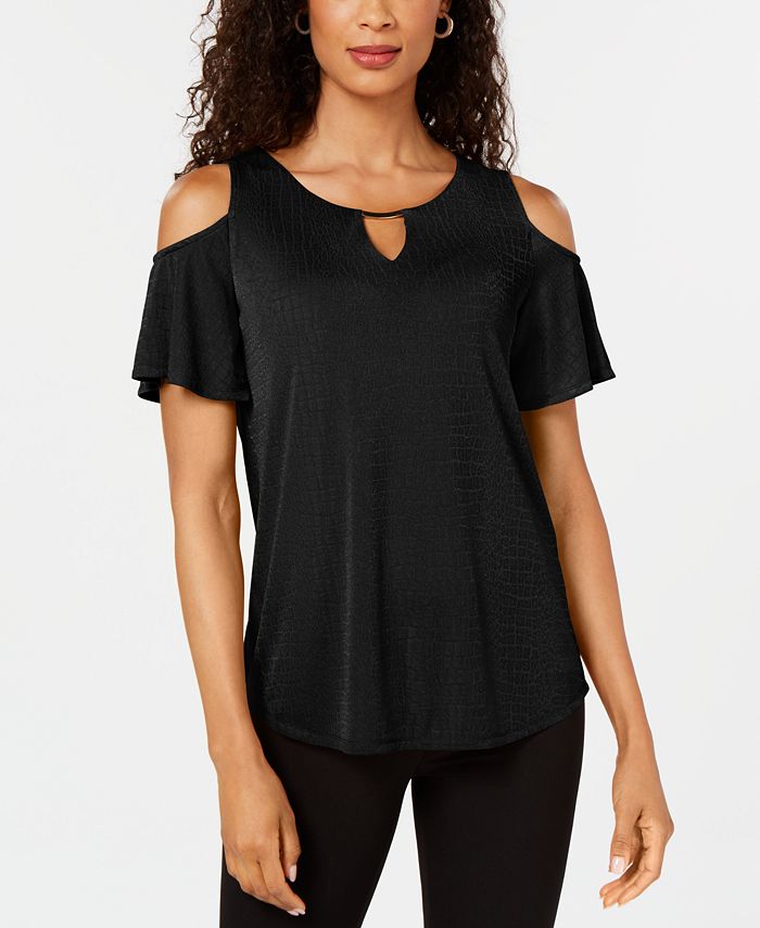JM Collection Women's Cold Shoulder Textured Top Black Size X-Large