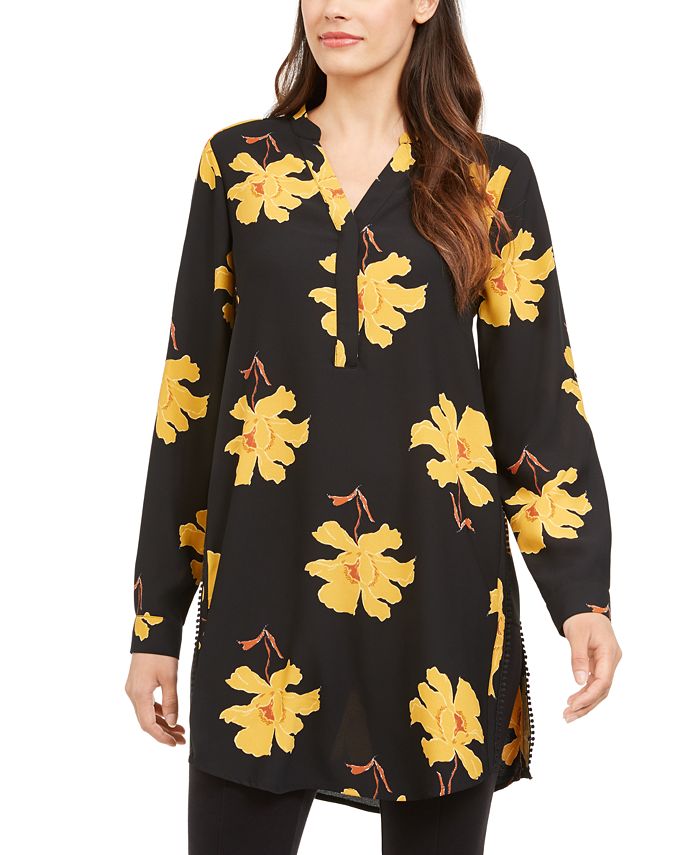 Alfani Women's Printed Roll Tab Sleeve Tunic Top Black Size Medium