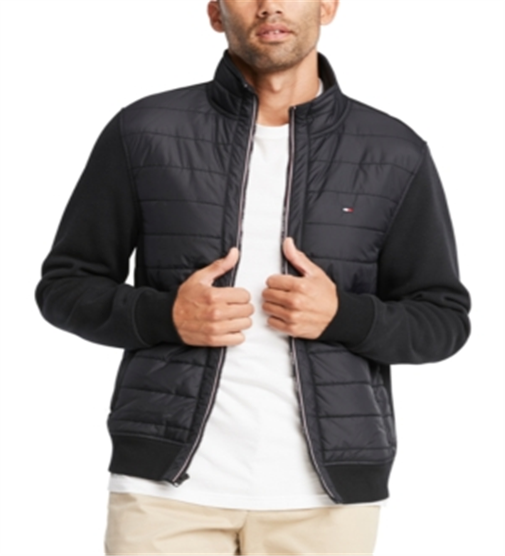 Tommy Hilfiger Men's David Regular Fit Mix Media Full Zip Sweatshirt Black  Size XXL