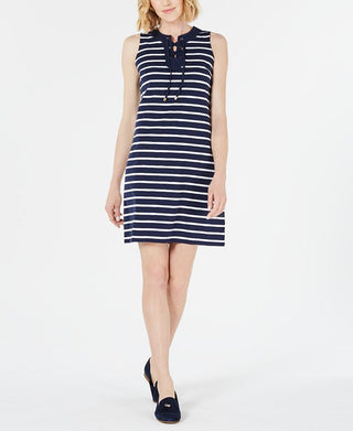 Charter Club Women's Lace Neck Striped Above the Knee Sheath Dress Blue Size Large