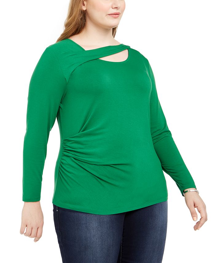 INC International Concepts Women's Long Sleeves Twist Neck Pullover Top Green Size 0X