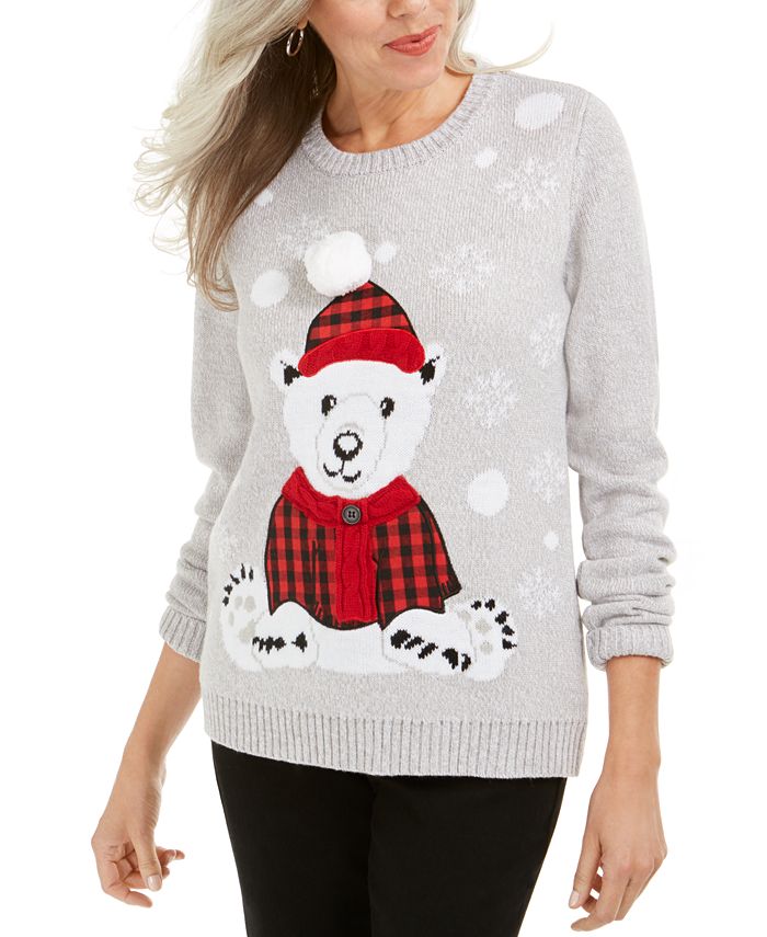 Karen Scott Women's Fair Isle Bear Sweater Grey Size Petite S