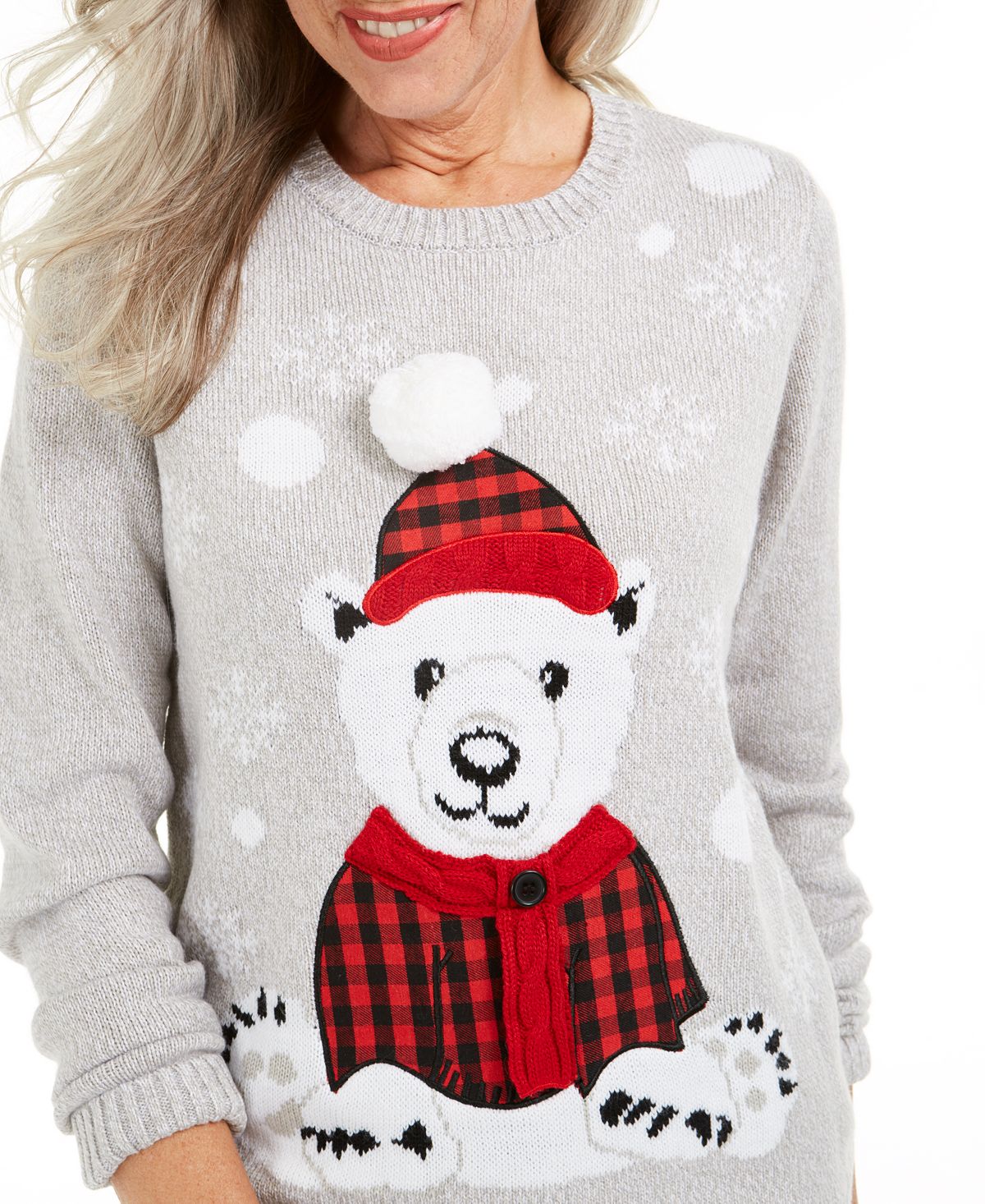 Karen Scott Women's Fair Isle Bear Sweater Grey Size Petite S