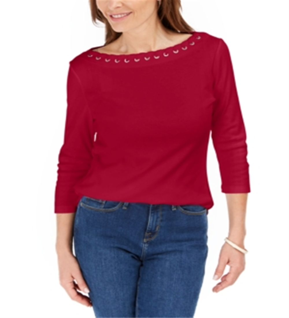 Karen Scott Women's Cotton Boat Neck Grommet Trim Top Red Size Petite S