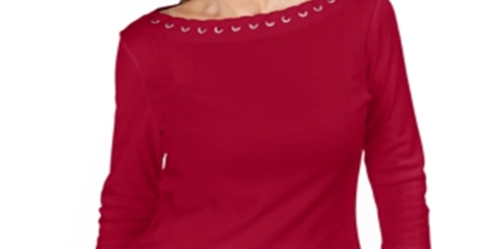 Karen Scott Women's Cotton Boat Neck Grommet Trim Top Red Size Petite S