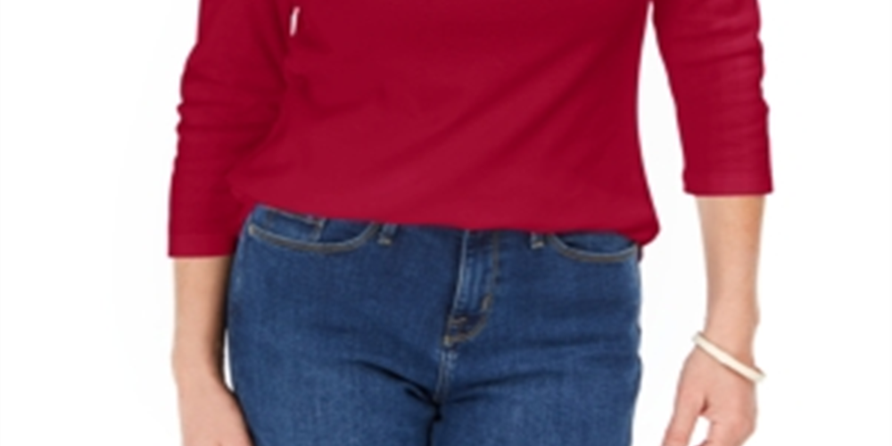 Karen Scott Women's Cotton Boat Neck Grommet Trim Top Red Size Petite S