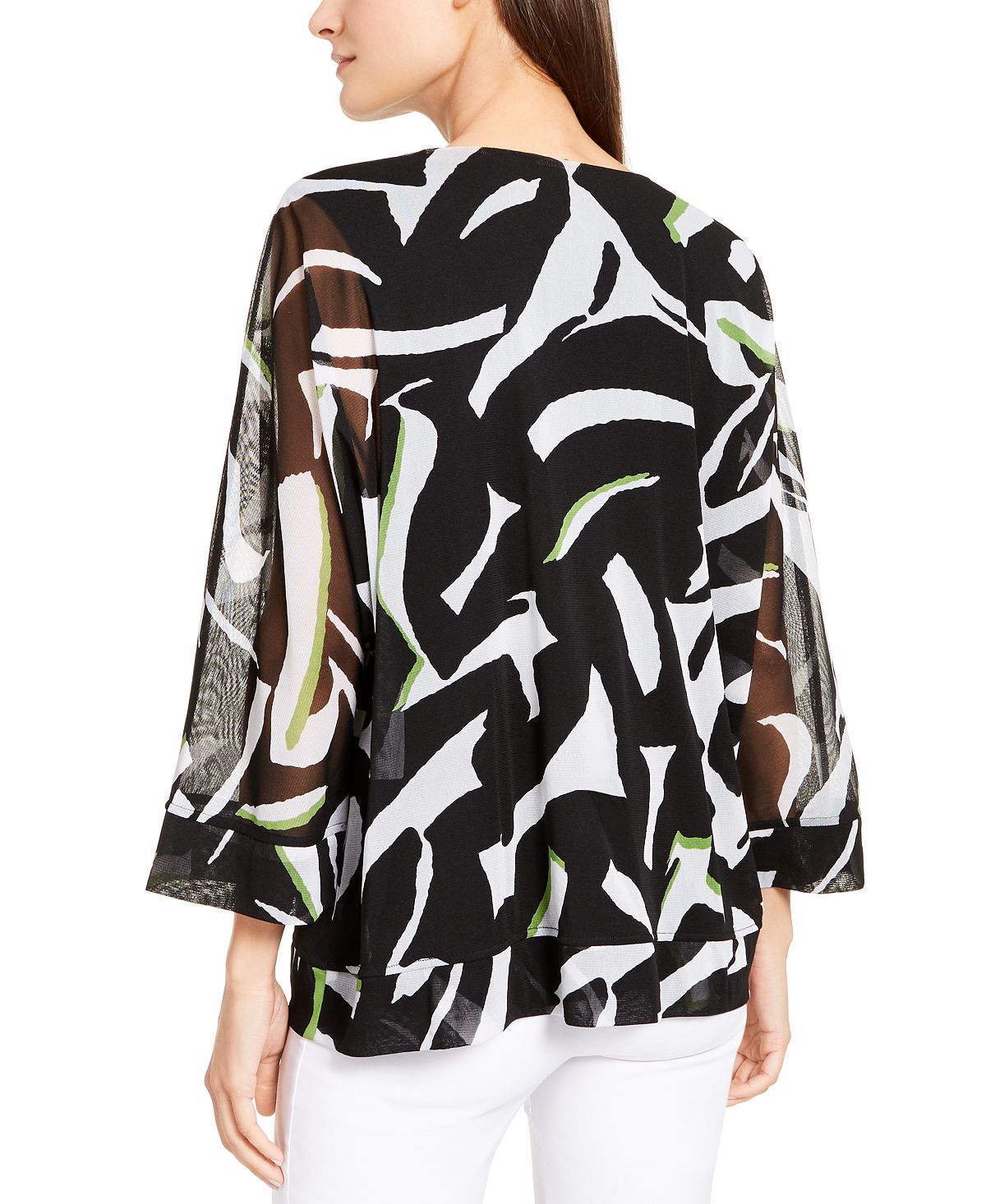 Alfani Women's Printed Sheer Sleeve Top Black Size Small