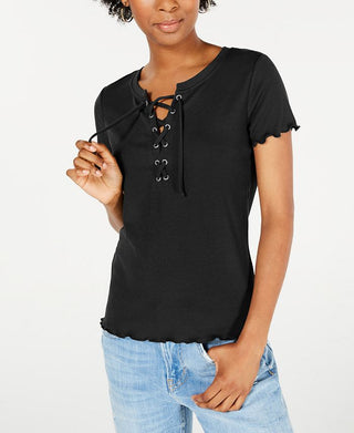 Hippie Rose Junior's Lace up Rib Knit Top Black Size X-Large