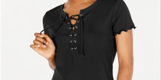 Hippie Rose Junior's Lace up Rib Knit Top Black Size X-Large