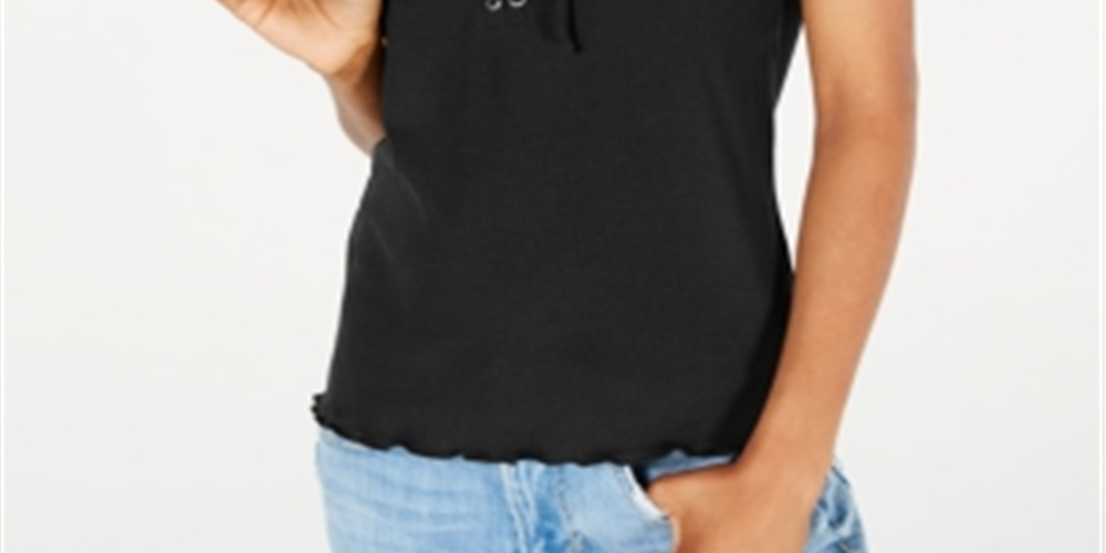 Hippie Rose Junior's Lace up Rib Knit Top Black Size X-Large