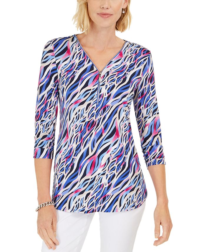 JM Collection Women's Printed Zip Neck Tunic Blue Size Petite S