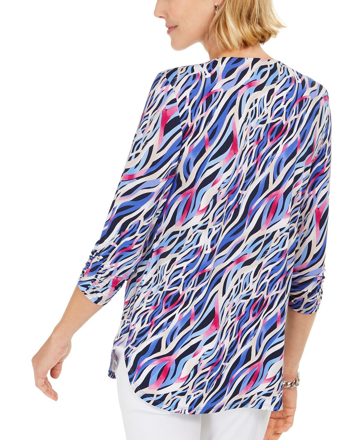 JM Collection Women's Printed Zip Neck Tunic Blue Size Petite S