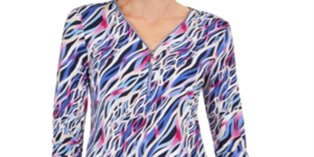 JM Collection Women's Printed Zip Neck Tunic Blue Size Petite S