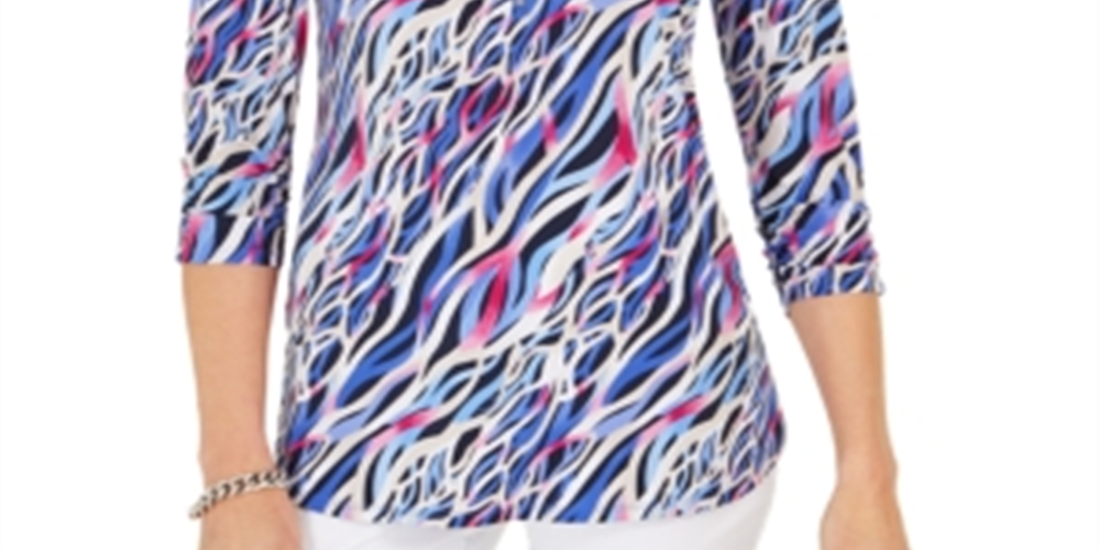 JM Collection Women's Printed Zip Neck Tunic Blue Size Petite S