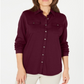 Karen Scott Women's Mixed Media Button Front Top Maroon Size S