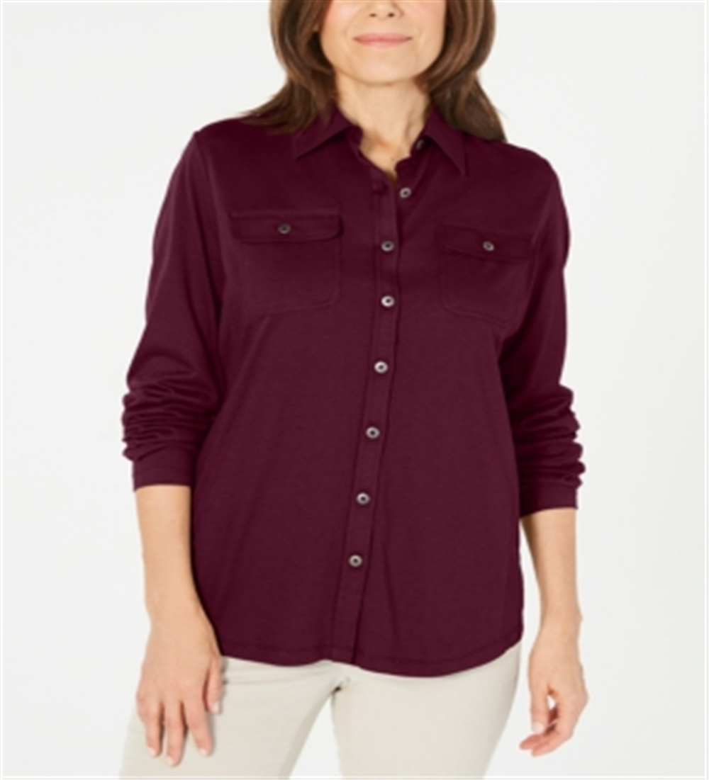 Karen Scott Women's Mixed Media Button Front Top Maroon Size S