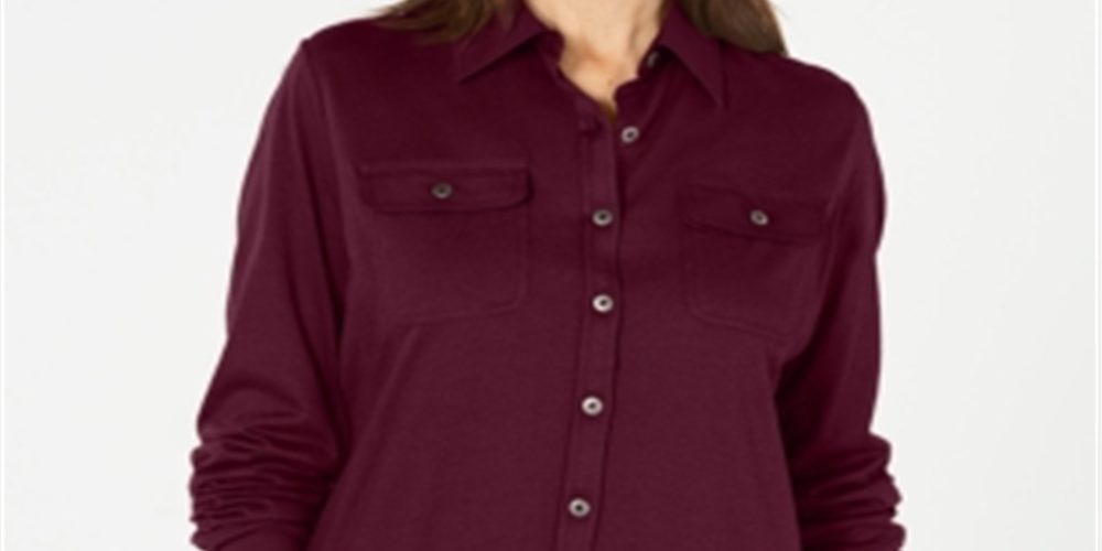 Karen Scott Women's Mixed Media Button Front Top Maroon Size S