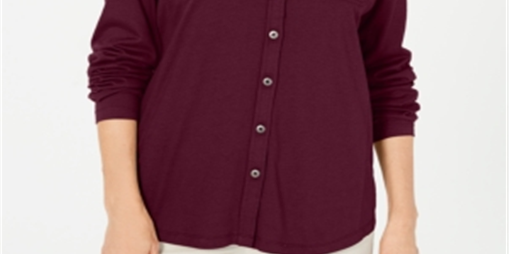 Karen Scott Women's Mixed Media Button Front Top Maroon Size S