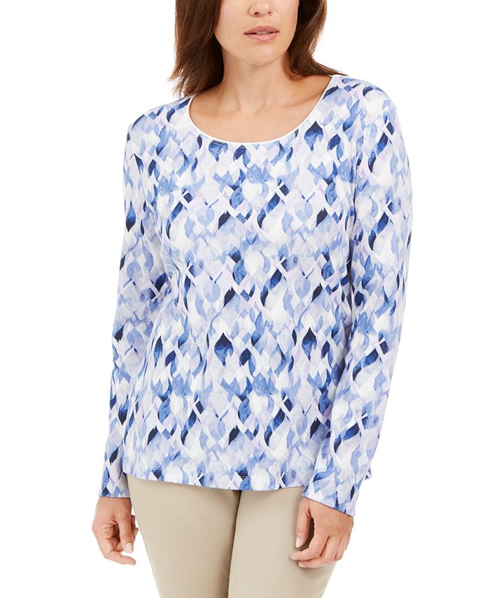 Karen Scott Women's Printed Scoop Neck Top Blue Size X-Small