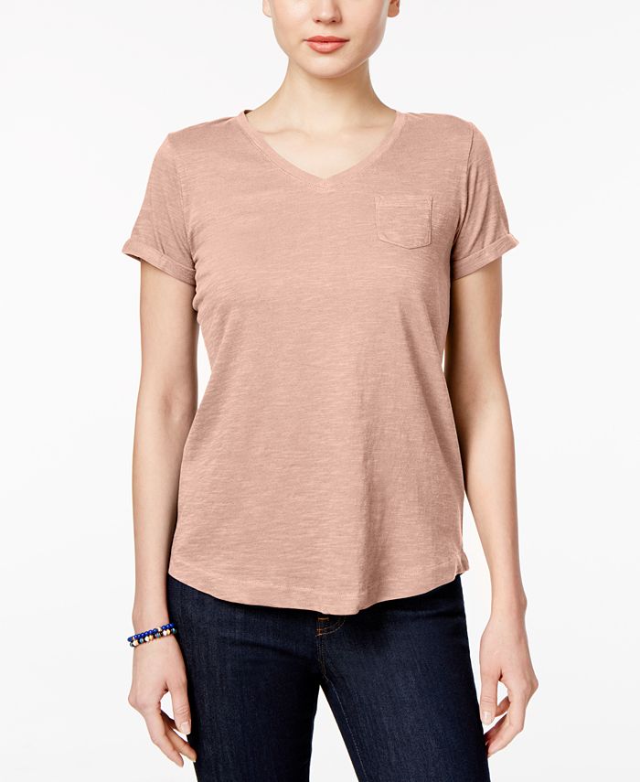 Style & Co Women's V Neck Pocket T-Shirt Yellow Size Petite L