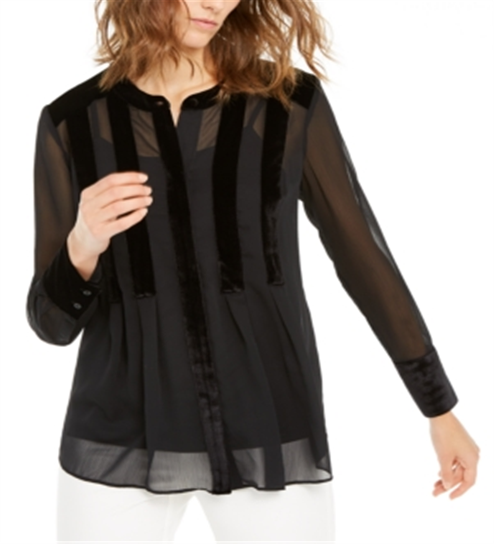 Alfani Women's Velvet Trim Button Front Top Black Size Large