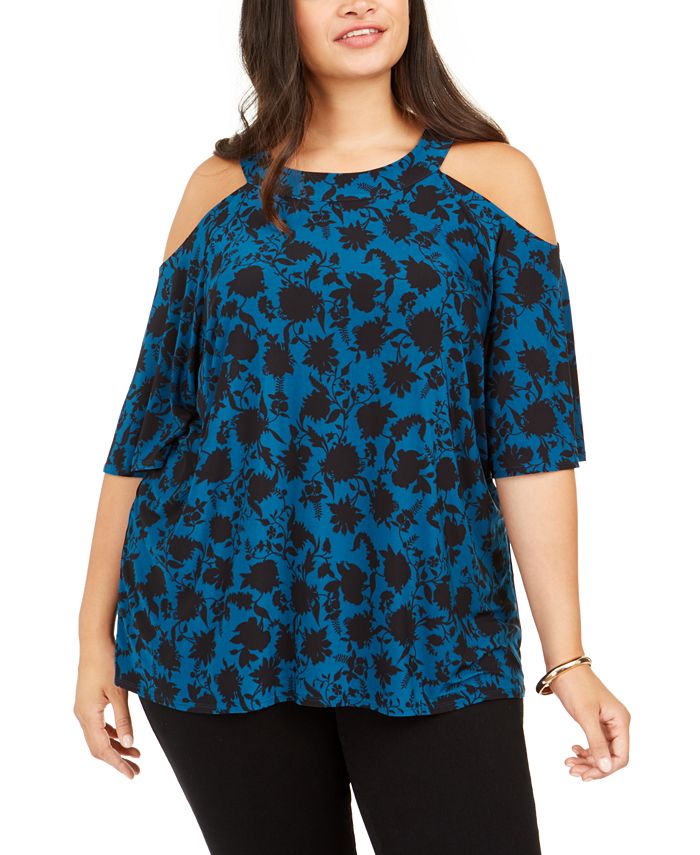 INC International Concepts Women's Plus Printed Cold Shoulder Top Blue Size 0X