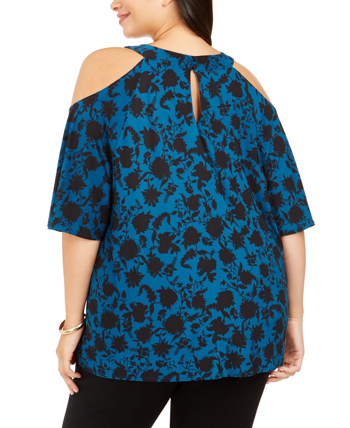 INC International Concepts Women's Plus Printed Cold Shoulder Top Blue Size 0X