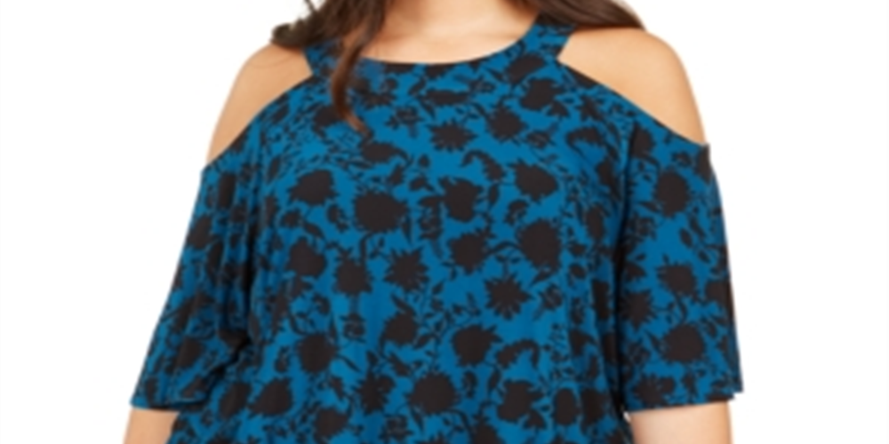 INC International Concepts Women's Plus Printed Cold Shoulder Top Blue Size 0X