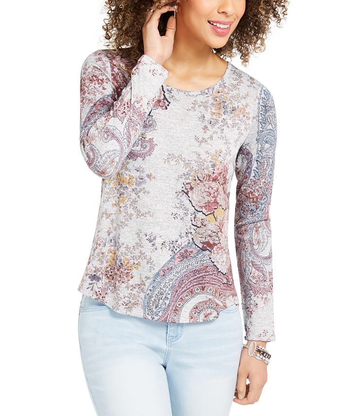 Style & Co Women's Printed Knit Top Gray Size Large