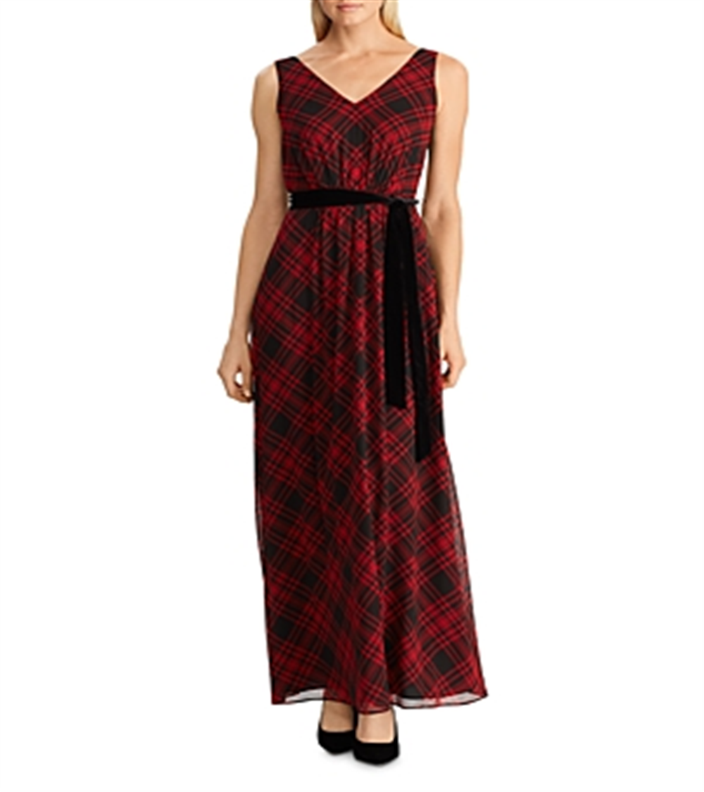 Ralph Lauren Women's Tartan Plaid Georgette Gown Red Size 2