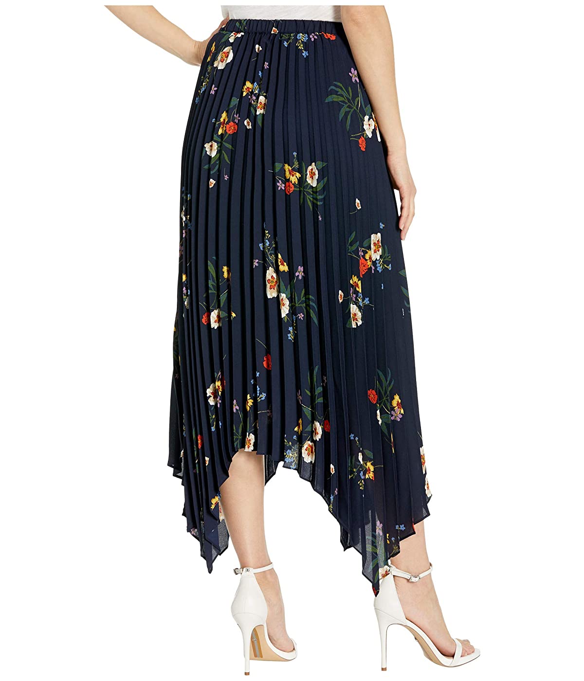 Vince Camuto Women's Surreal Garden Asymmetrical Hem Pleated Skirt -Navy Size S