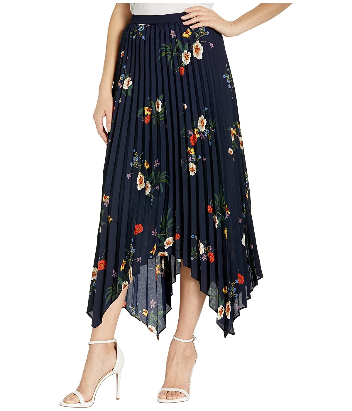 Vince Camuto Women's Surreal Garden Asymmetrical Hem Pleated Skirt -Navy Size S