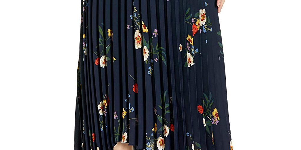 Vince Camuto Women's Surreal Garden Asymmetrical Hem Pleated Skirt -Navy Size S