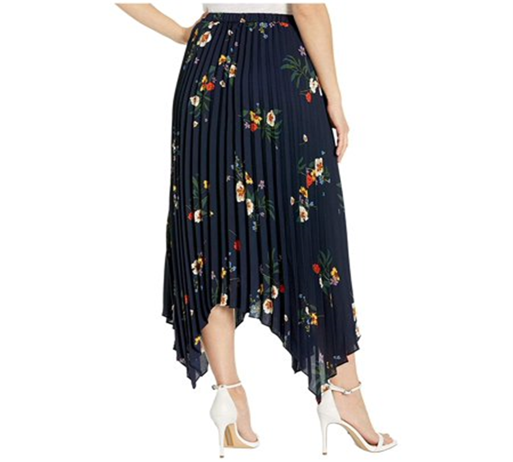 Vince Camuto Women's Surreal Garden Asymmetrical Hem Pleated Skirt -Navy Size S