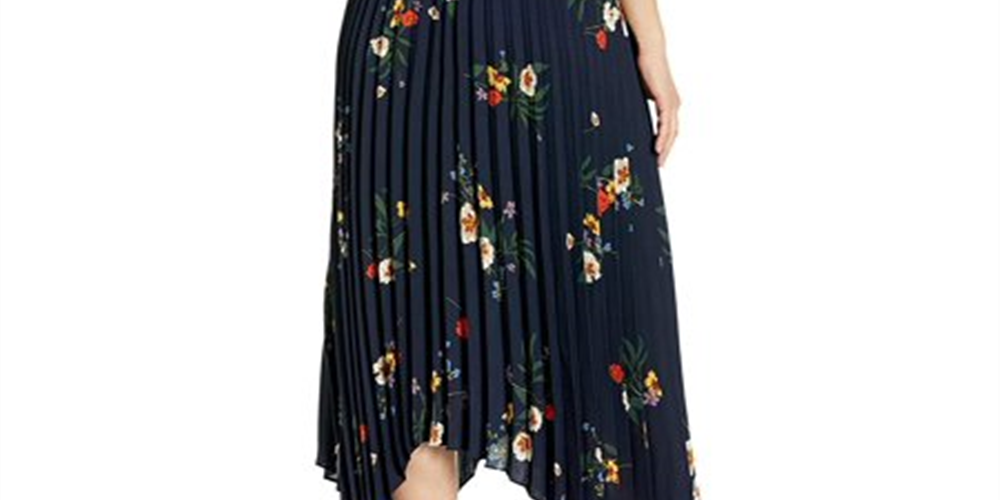 Vince Camuto Women's Surreal Garden Asymmetrical Hem Pleated Skirt -Navy Size S