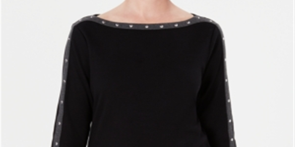 Karen Scott Women's Cotton Studded Boat Neck Top Black Size Petite
