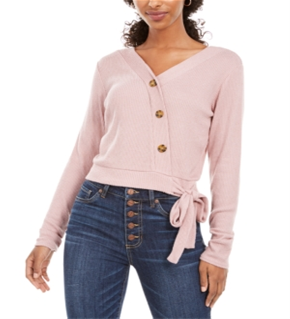 Hippie Rose Junior's Plush Surplice Ribbed Top Pink Size Small