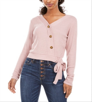 Hippie Rose Junior's Plush Surplice Ribbed Top Pink Size Small