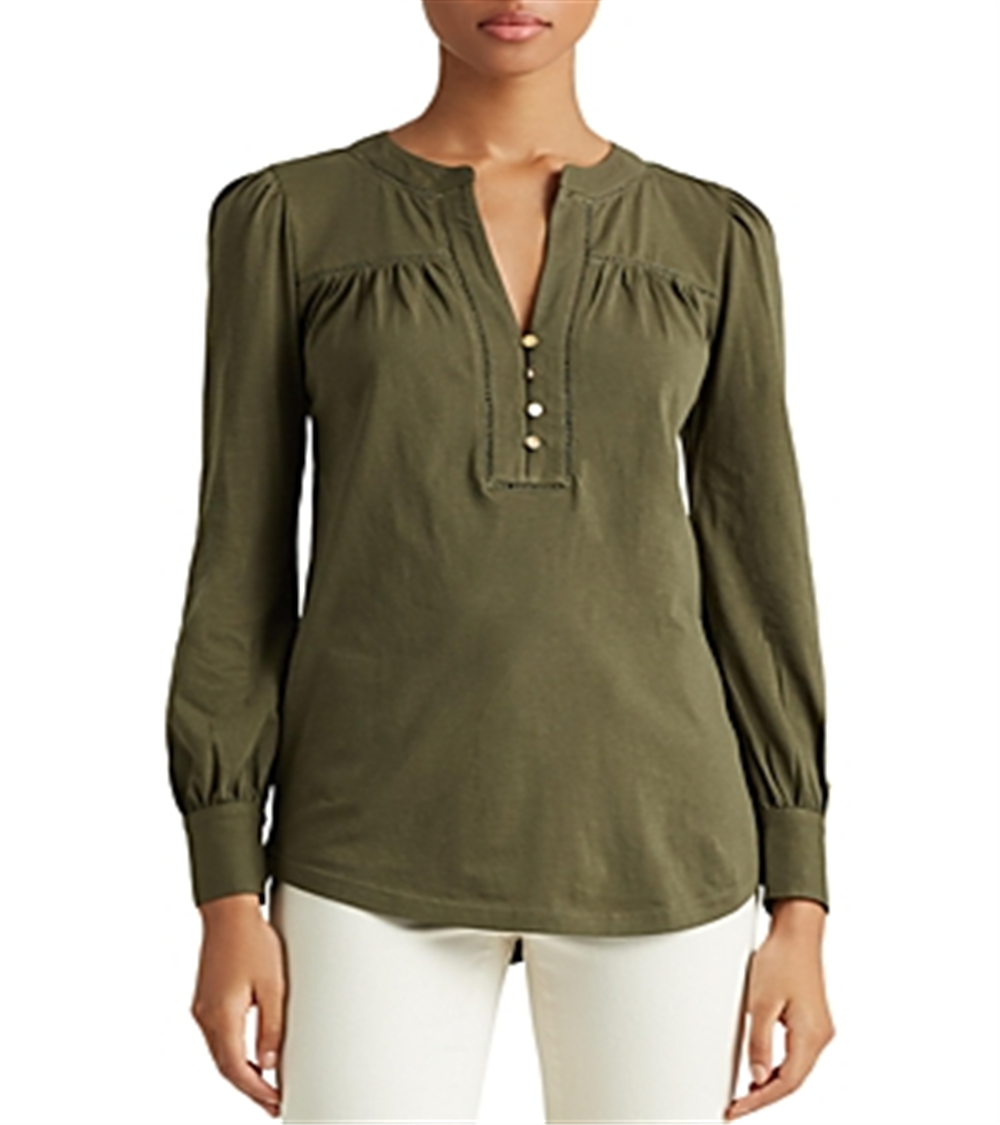 Ralph Lauren Women's Button Long Sleeve V Neck Top Green Size Medium