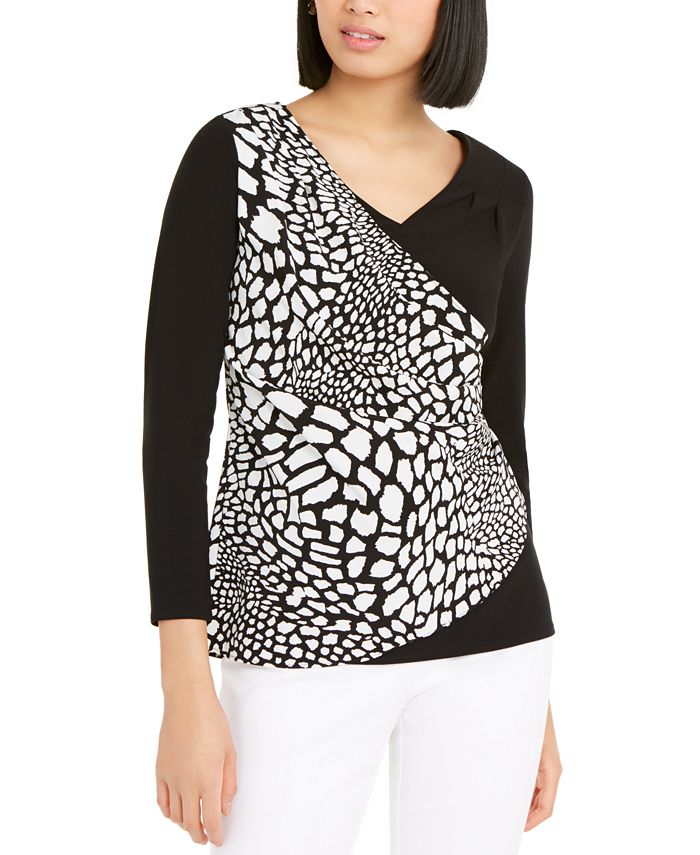 Alfani Women's  Patterned Long Sleeve V Neck Wrap Top Black Size Small