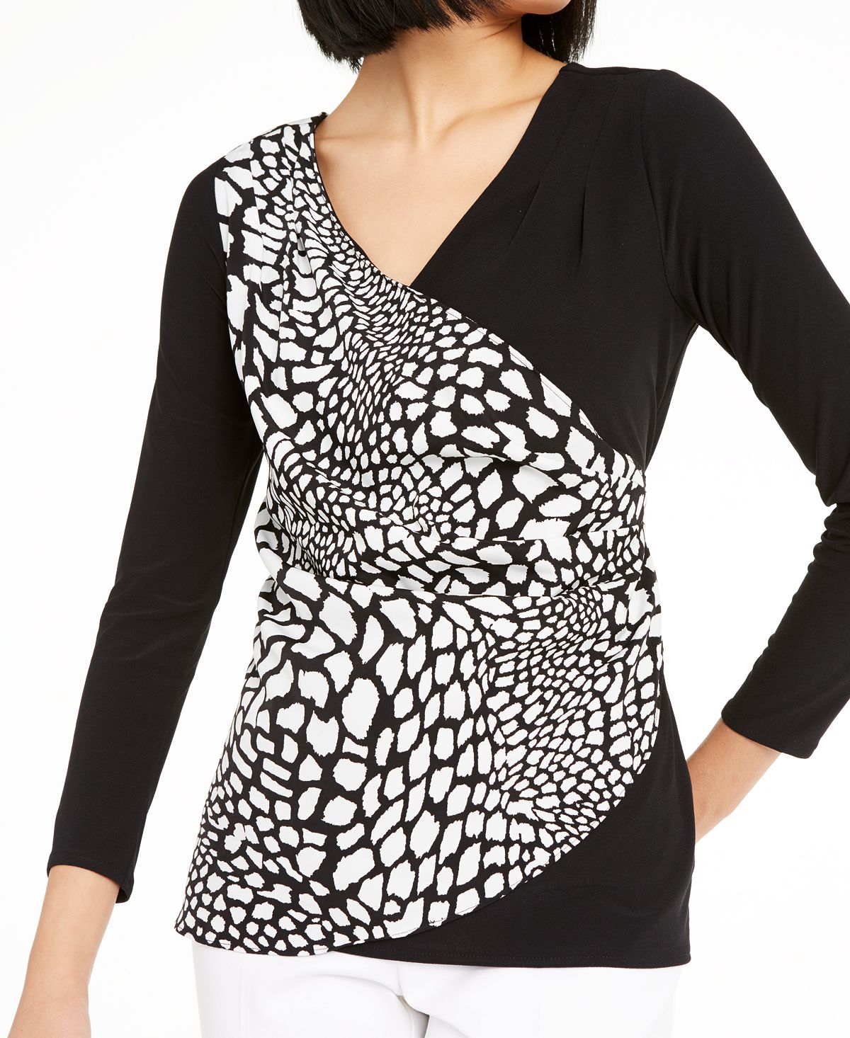 Alfani Women's  Patterned Long Sleeve V Neck Wrap Top Black Size Small