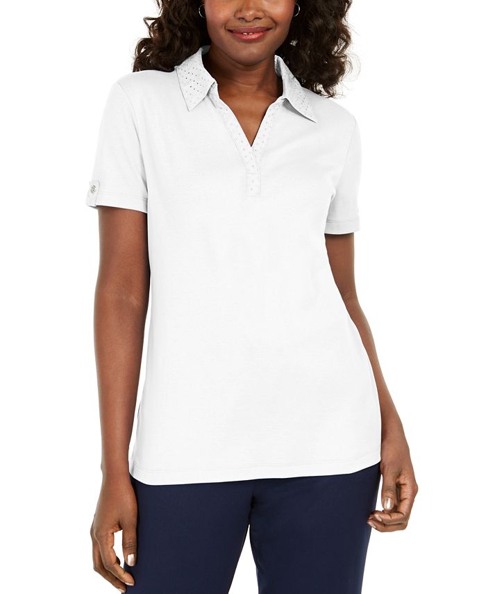 Karen Scott Women's Cotton Eyelet Collar Top White Size Small