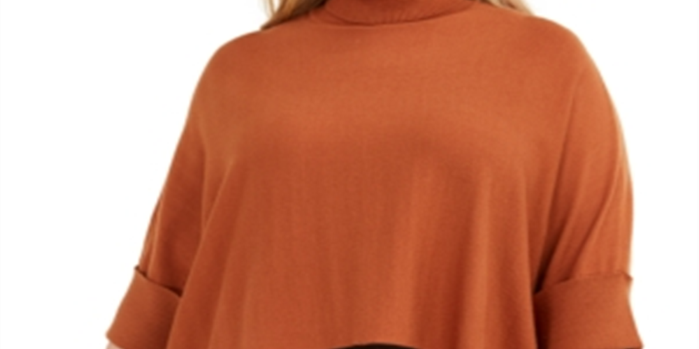 Alfani Women's Plus Colorblock Turtleneck Poncho Sweater Brown Size 1X