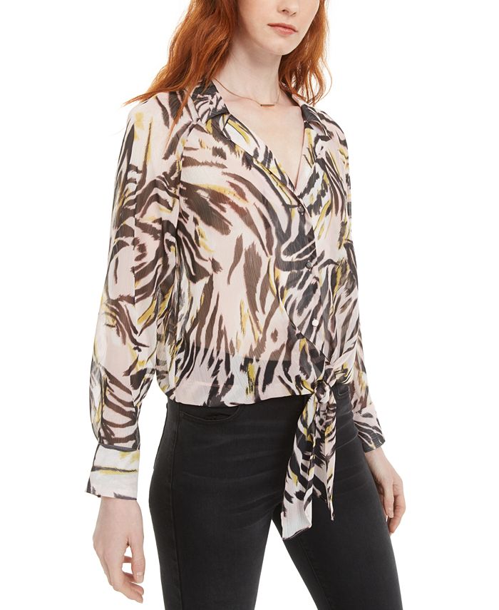 Bar III Women's Tie Front Button Down Blouse Pink Size X-Small