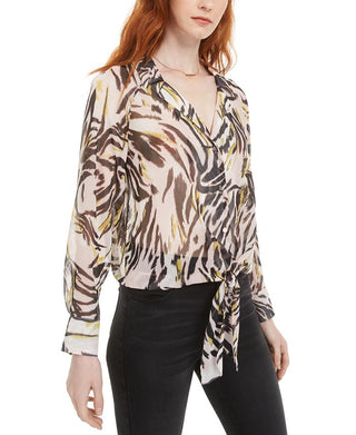 Bar III Women's Tie Front Button Down Blouse Pink Size X-Small