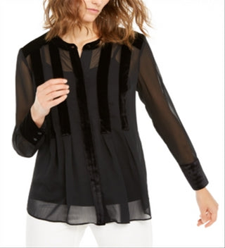 Alfani Women's Velvet Trim Button Front Top Black Size M