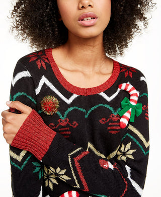 Hooked up By IOT Junior's Holiday Tunic Sweater Black Size M