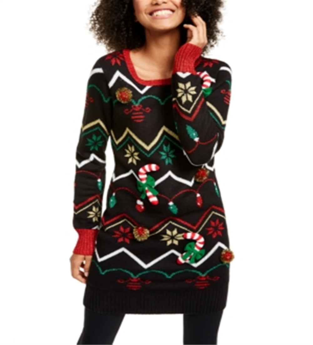Hooked up By IOT Junior's Holiday Tunic Sweater Black Size M