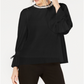 Alfani Women's Textured Stripes Embellished Neck Top Black Size Petite L