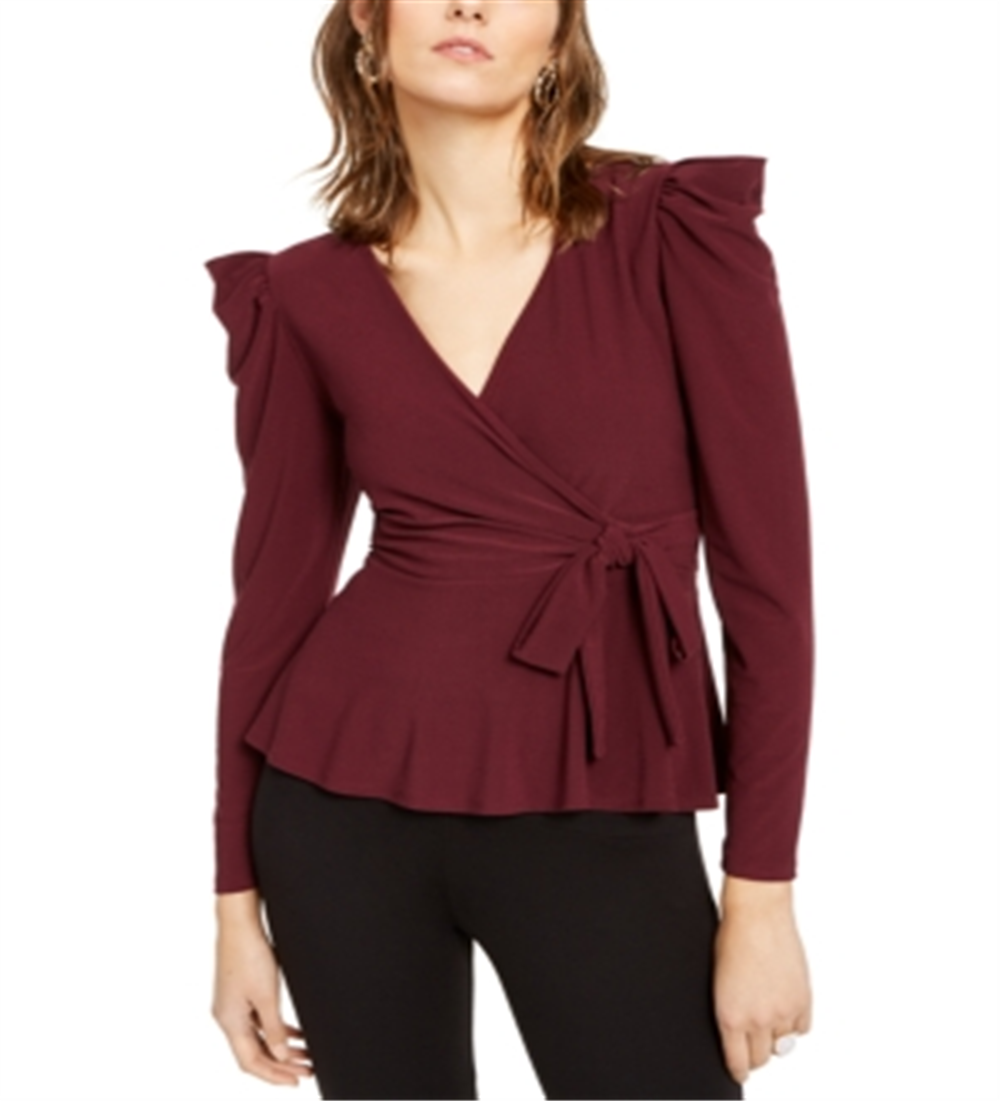 INC Women's  Petite Puff-Shoulder Wrap Top Wine Size -PP